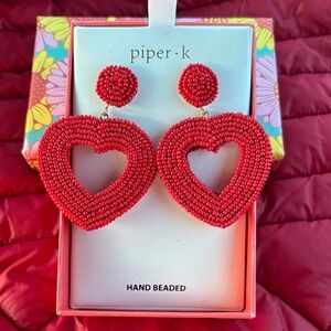 Brand New Piper K Hand Beaded Red Heart Earrings Large Dangle Drop Statement